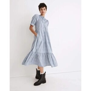 Madewell‎ Blue White Floral Embroidered Puff Sleeve Cottagecore Midi Dress Sz XS